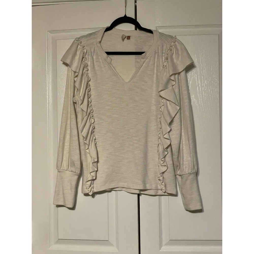 Pilcro Blouse Womens Large White Ruffle V Neck Long Sleeve Basic Jersey Top